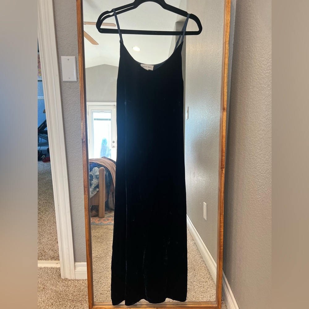 Velvet blue dress with slits to knee/thigh